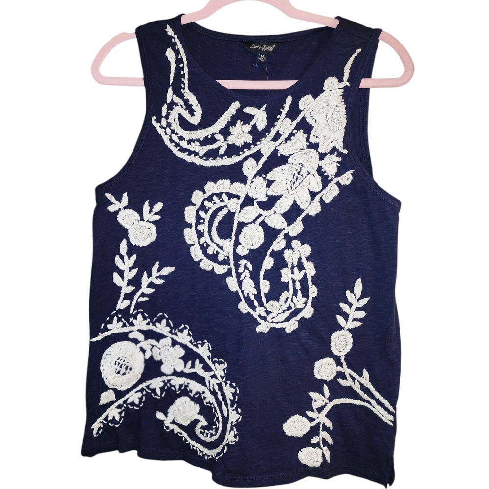 2/30 Lucky Brand Navy Blue Tank Top with White Floral Design